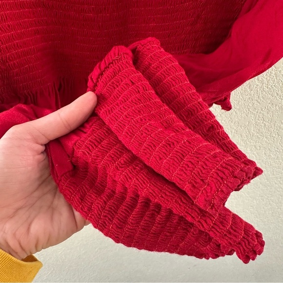 REFORMATION Francis Red Smocked Long Sleeve Square Neck Top - Picture 5 of 11